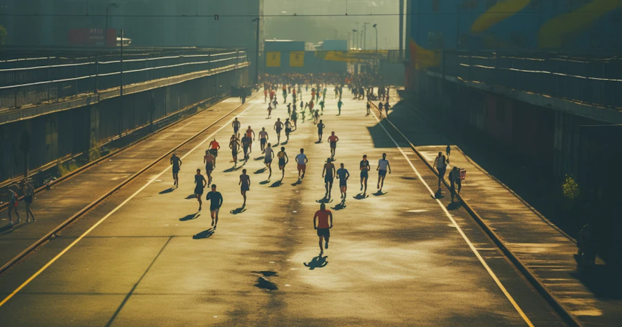 A group of runners moving together along a road during a community fun-run at golden hour