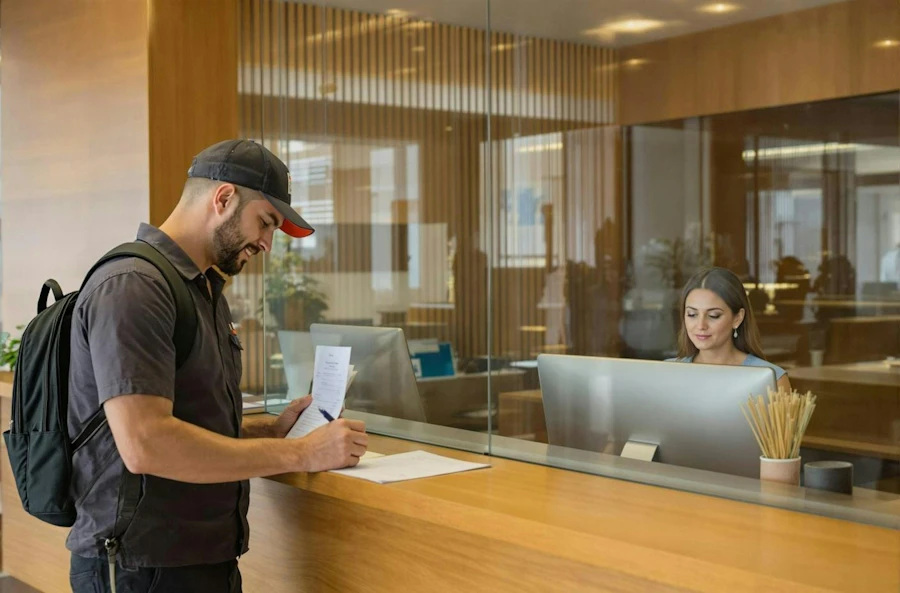 A resident signs paperwork at a municipal service counter