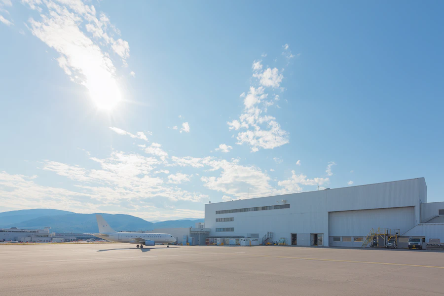 A small aircraft parked on a tarmac near a hangar