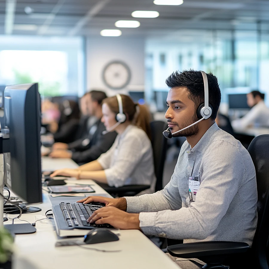 A 911 dispatcher at a multi-monitor workstation wearing a headset