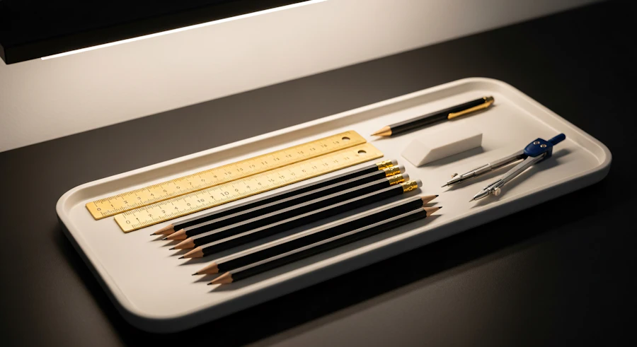 An organized arrangement of pencils and stationery supplies