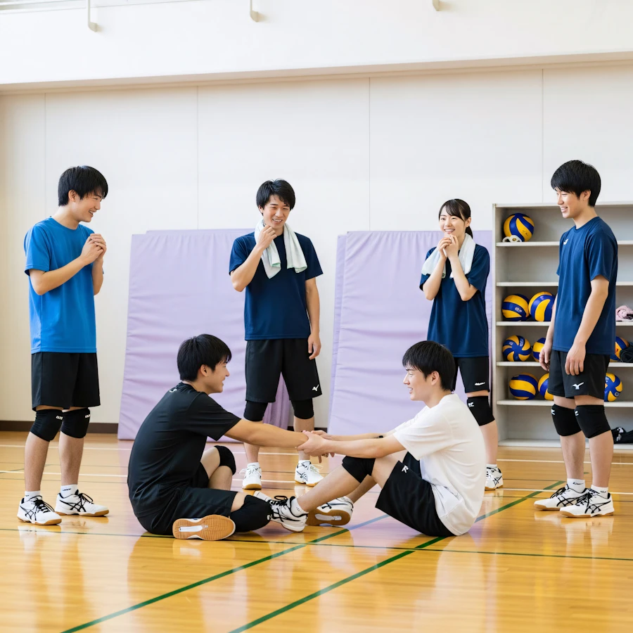 Volleyball players and equipment on an indoor gym court