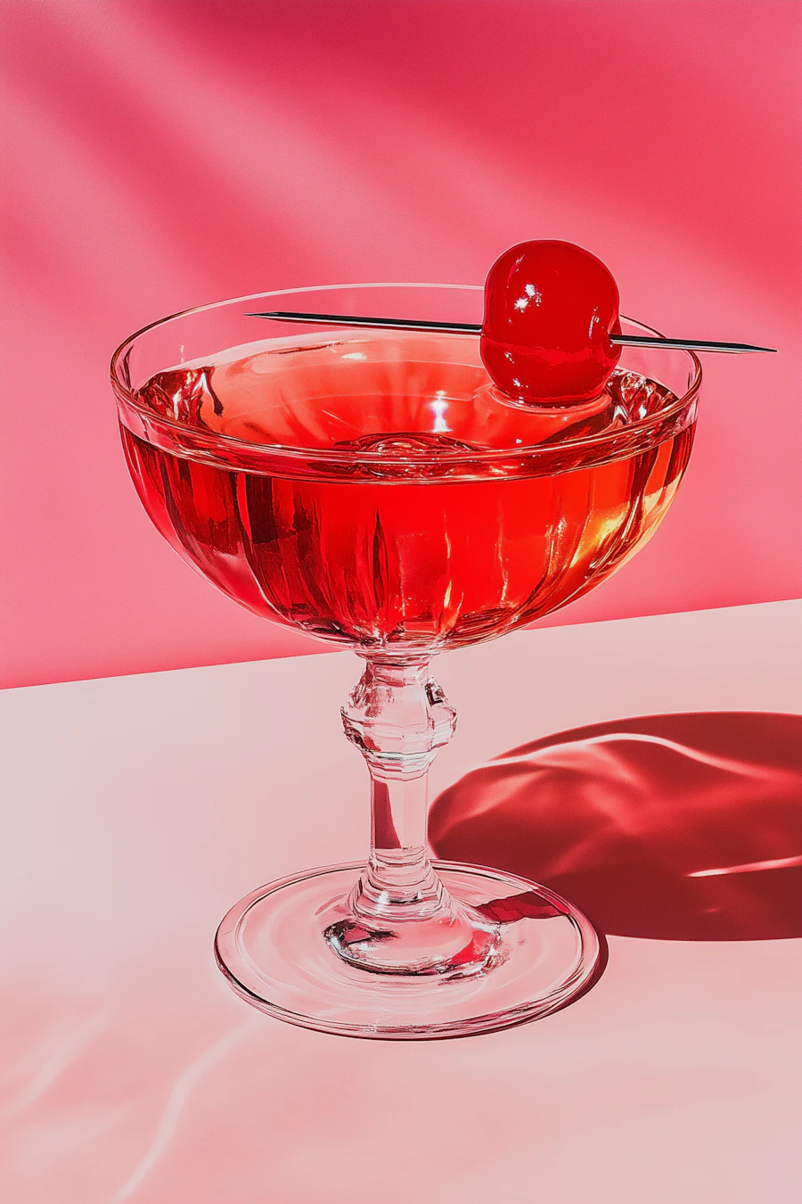 A craft cocktail garnished with a cherry, served in a coupe glass