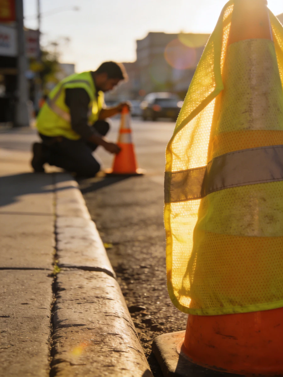 A road construction worker in a reflective vest positions an orange traffic cone along a curb at sunset