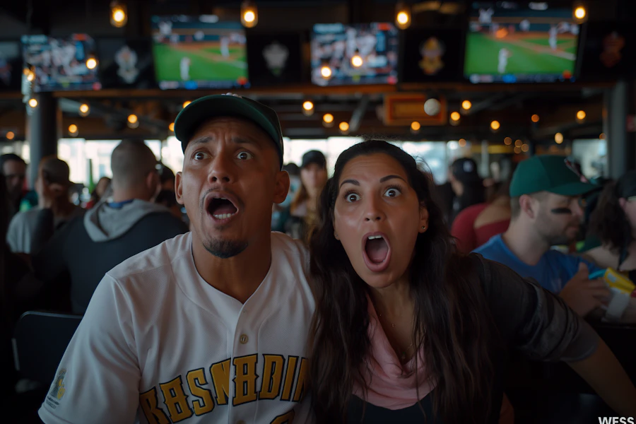 Bar patrons watching a baseball game on multiple televisions
