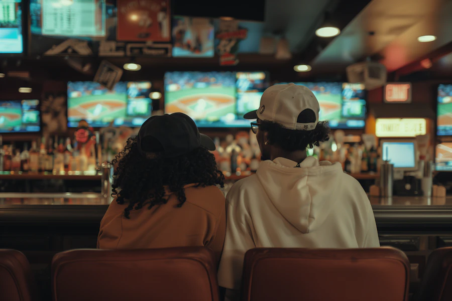 Two patrons seated at a bar facing a wall of televisions showing baseball