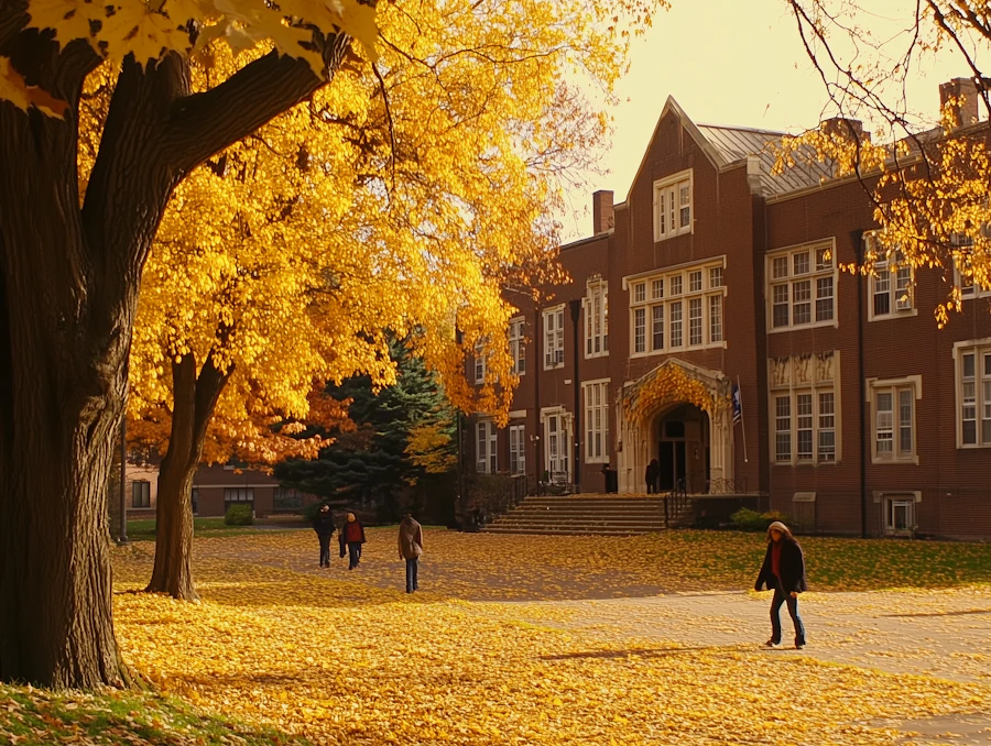 An autumn college campus walkway lined with trees in fall color