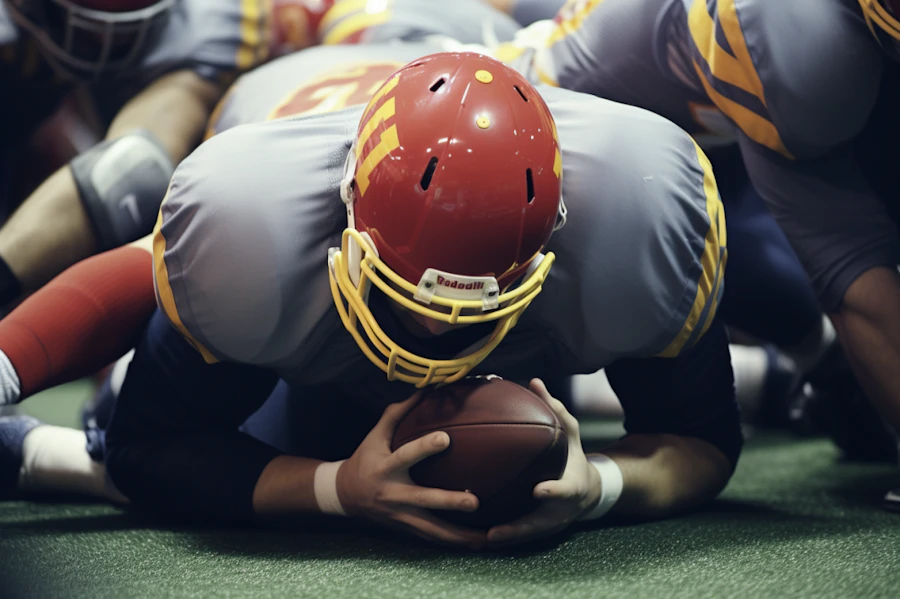A football snap during a game, viewed from behind the center