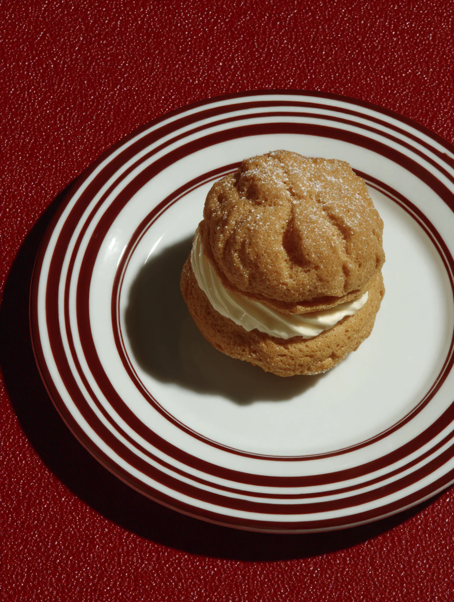 A single cream puff dusted with powdered sugar on a plate