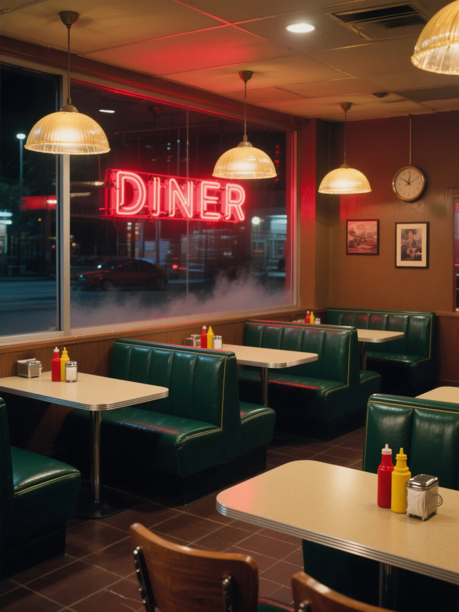 A retro diner counter with stools and a checkerboard floor