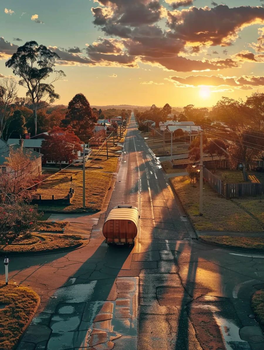 A straight two-lane road running through a quiet neighborhood at sunrise