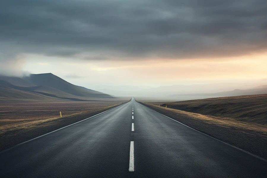 A long, empty two-lane county road stretching toward the horizon