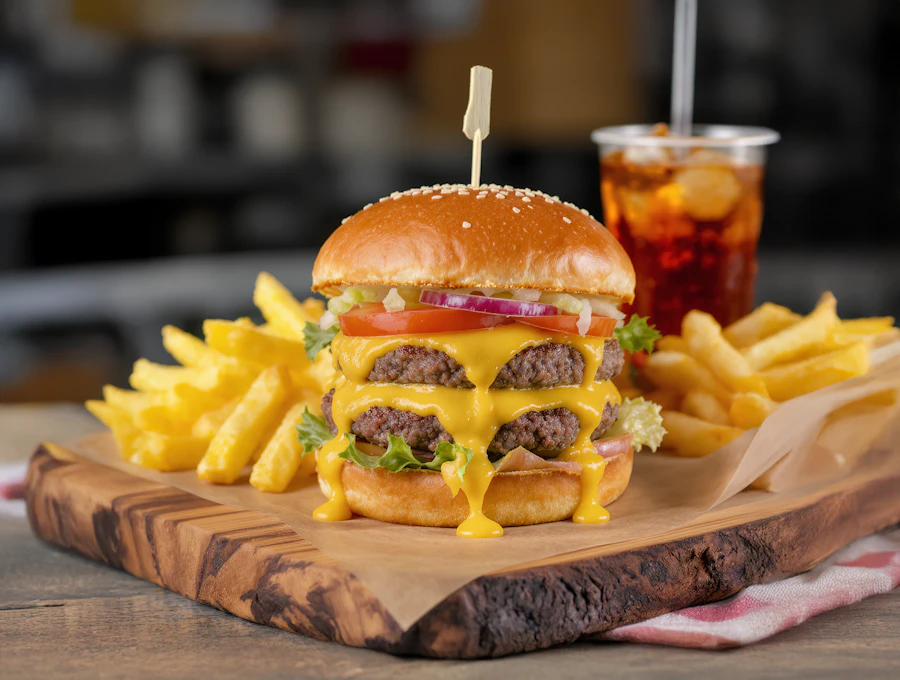 A cheeseburger and fries on a tray, the kind of fast-food order that anchors the column's math