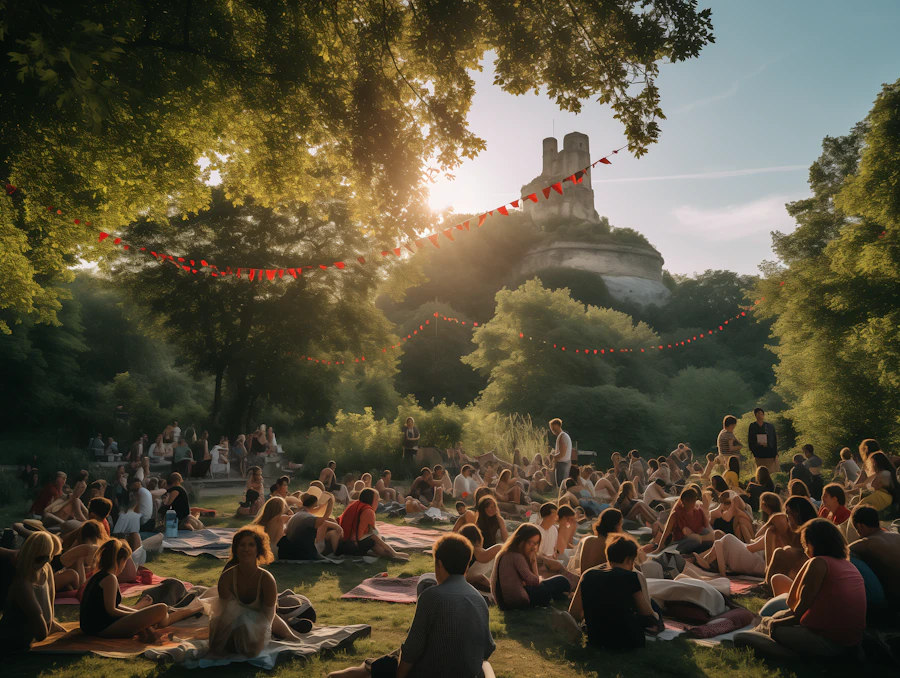 A crowd gathered on lawn chairs and blankets at dusk for an outdoor concert