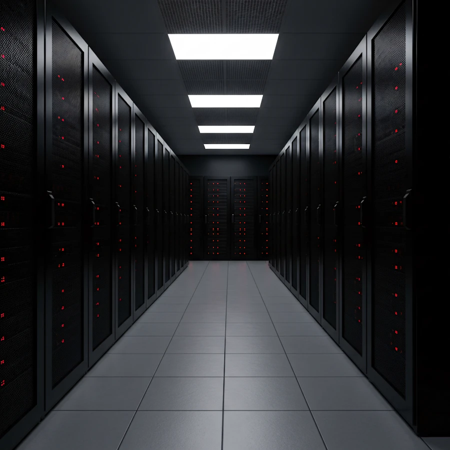Rows of illuminated server racks in a dim data center corridor
