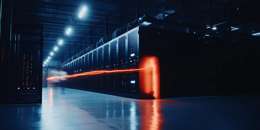 Rows of glowing server racks inside a data center