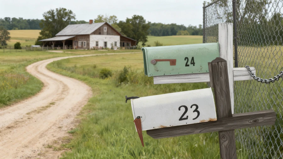 A row of rural mailboxes at the end of a driveway