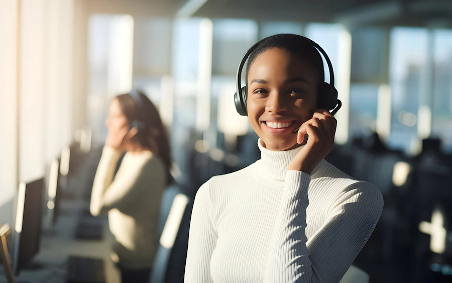 A headset resting on a dispatch console inside a call center