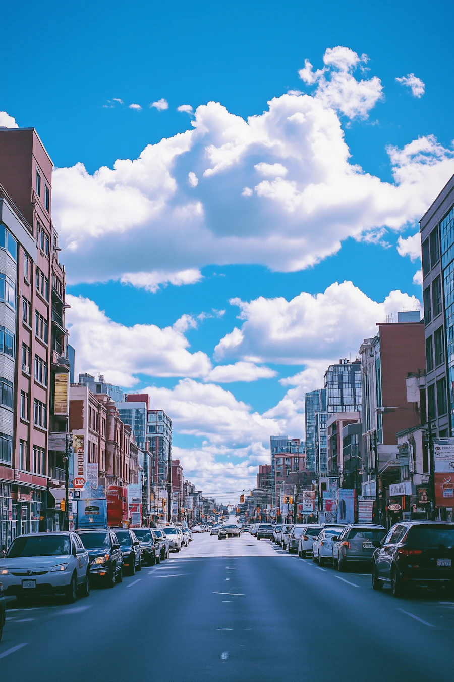 A downtown street lined with parked cars on both sides