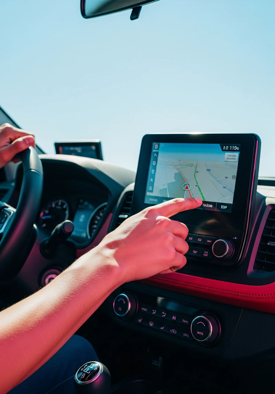 A driver checking a phone GPS map behind the wheel