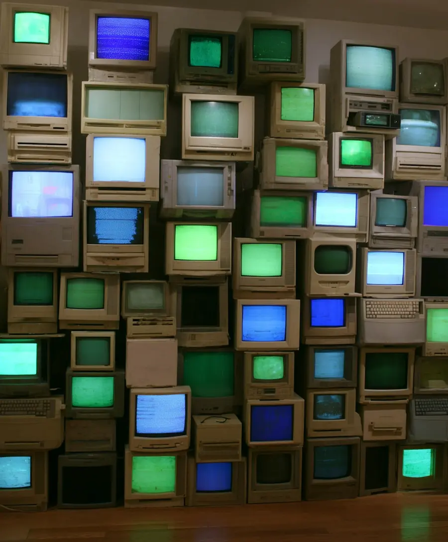 Stacked old CRT monitors and electronics