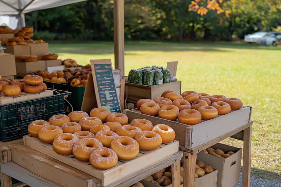A fairground concession stand with baked goods laid out on wooden tables under a tent
