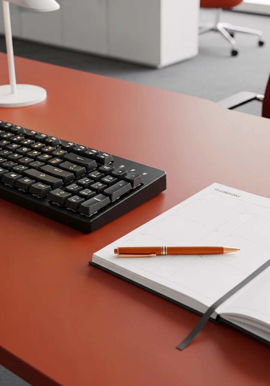 A desk planner open to a blank weekly calendar page beside a pen