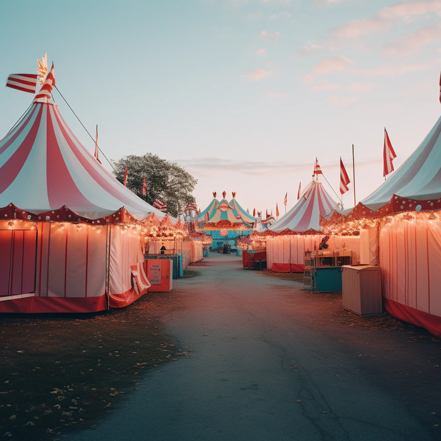 Hazy dusk light over Waukesha County Fair tents