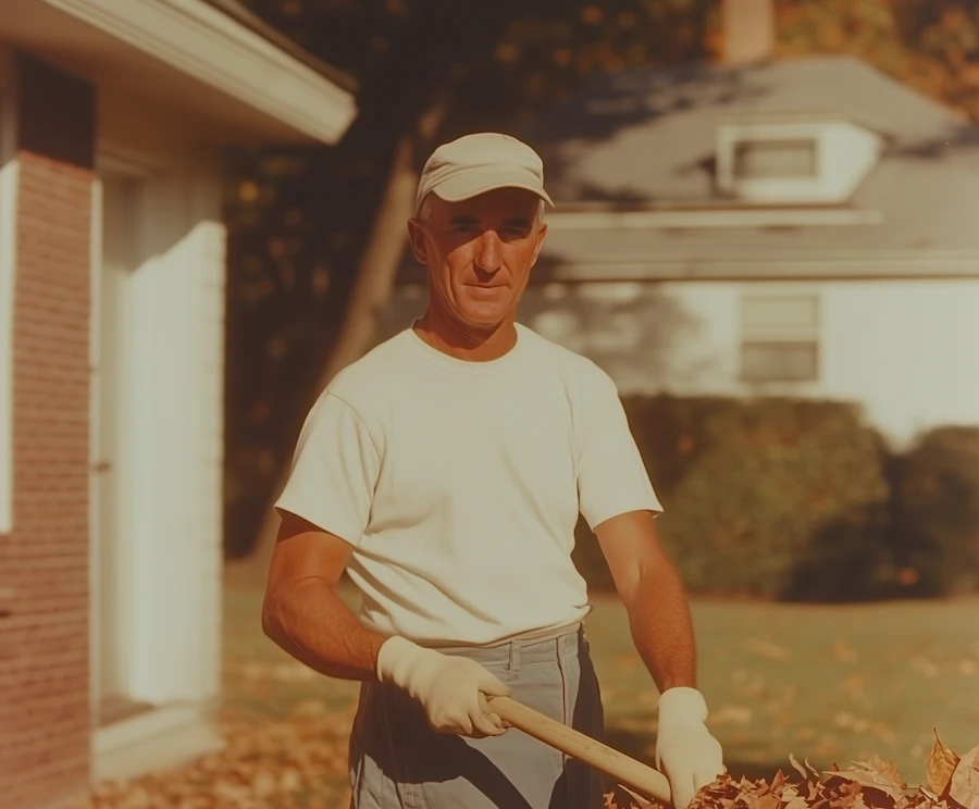 A man raking leaves in a Waukesha yard