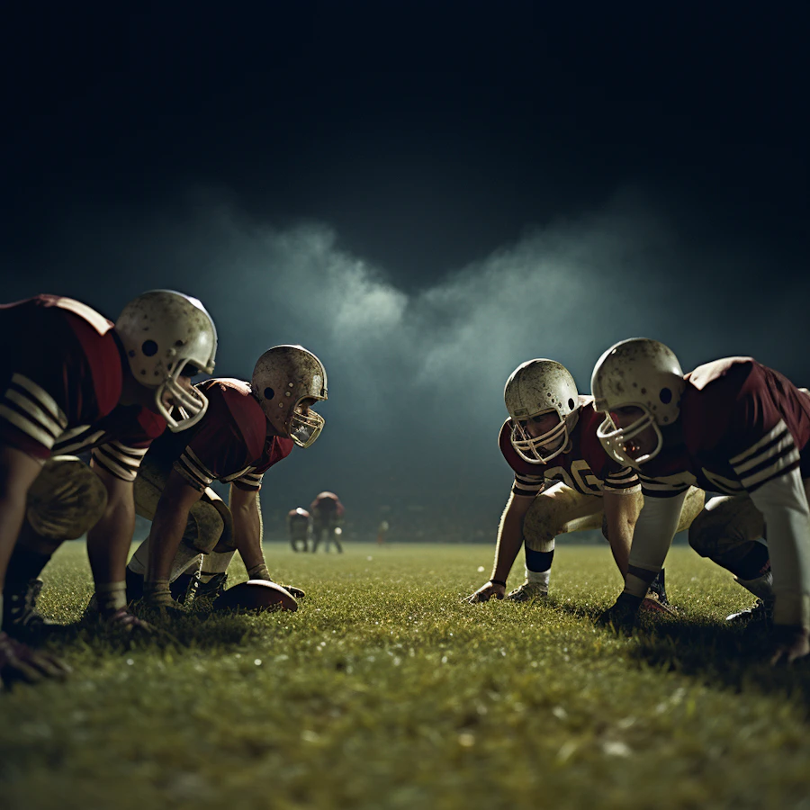 Football players under stadium lights at night