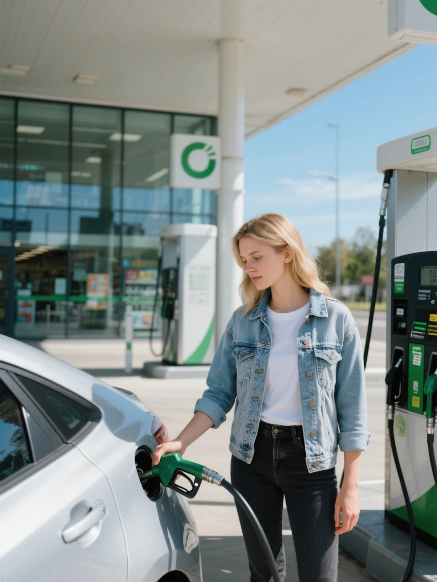 A driver fueling a car at a gas station pump