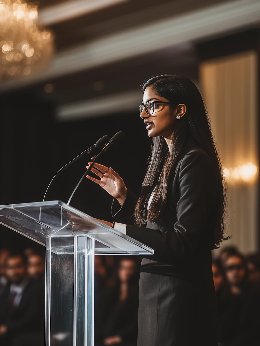 A woman speaking at a podium with a microphone