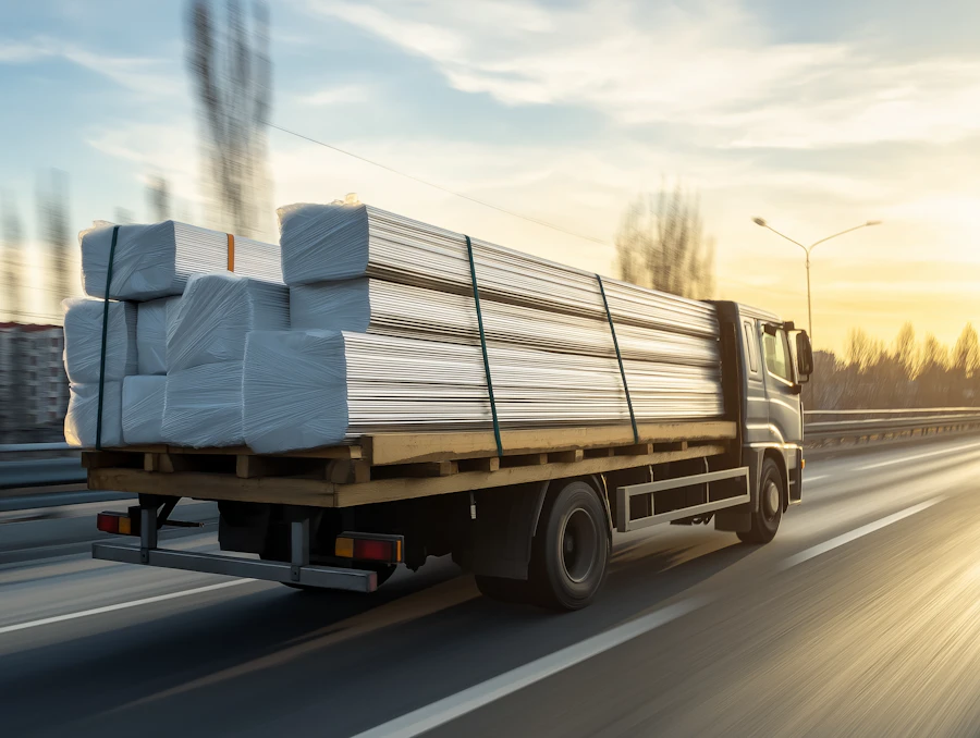 A delivery truck traveling a highway at sunrise