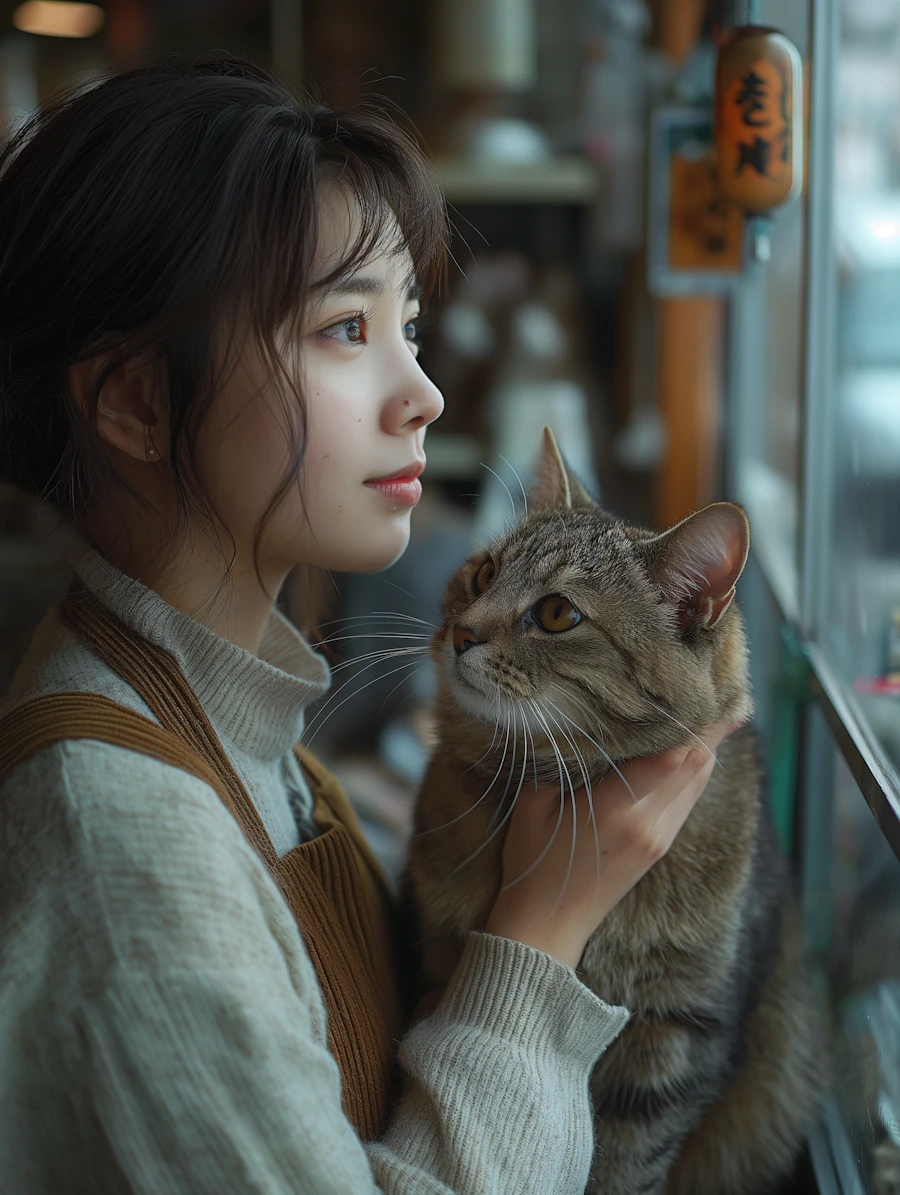 A woman holding a tabby cat