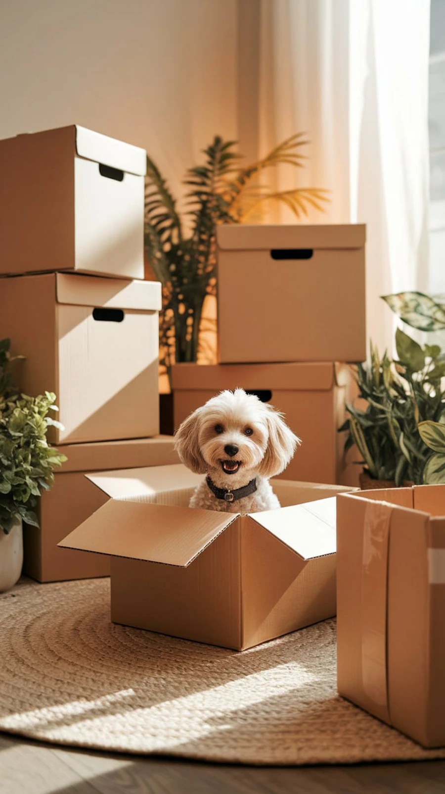 A rescue dog resting in a cardboard transport crate