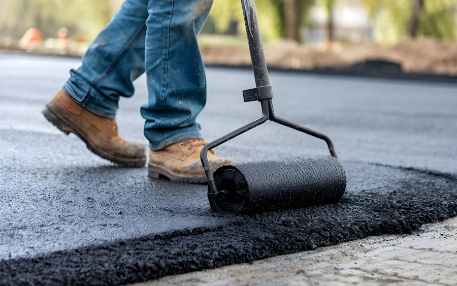 Road construction worker rolling fresh asphalt on a city street
