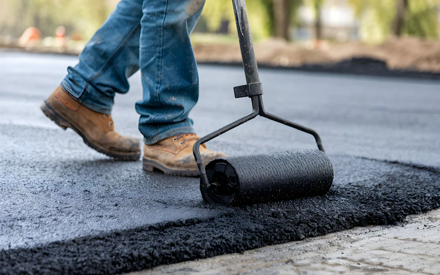 A worker smooths a fresh asphalt patch with a hand roller