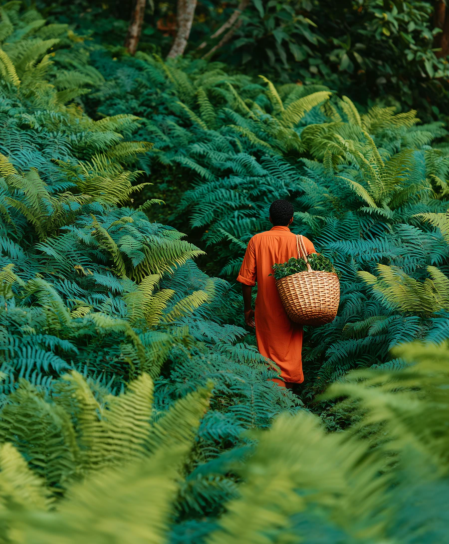 A person in blaze orange walks through a wooded area during hunting season