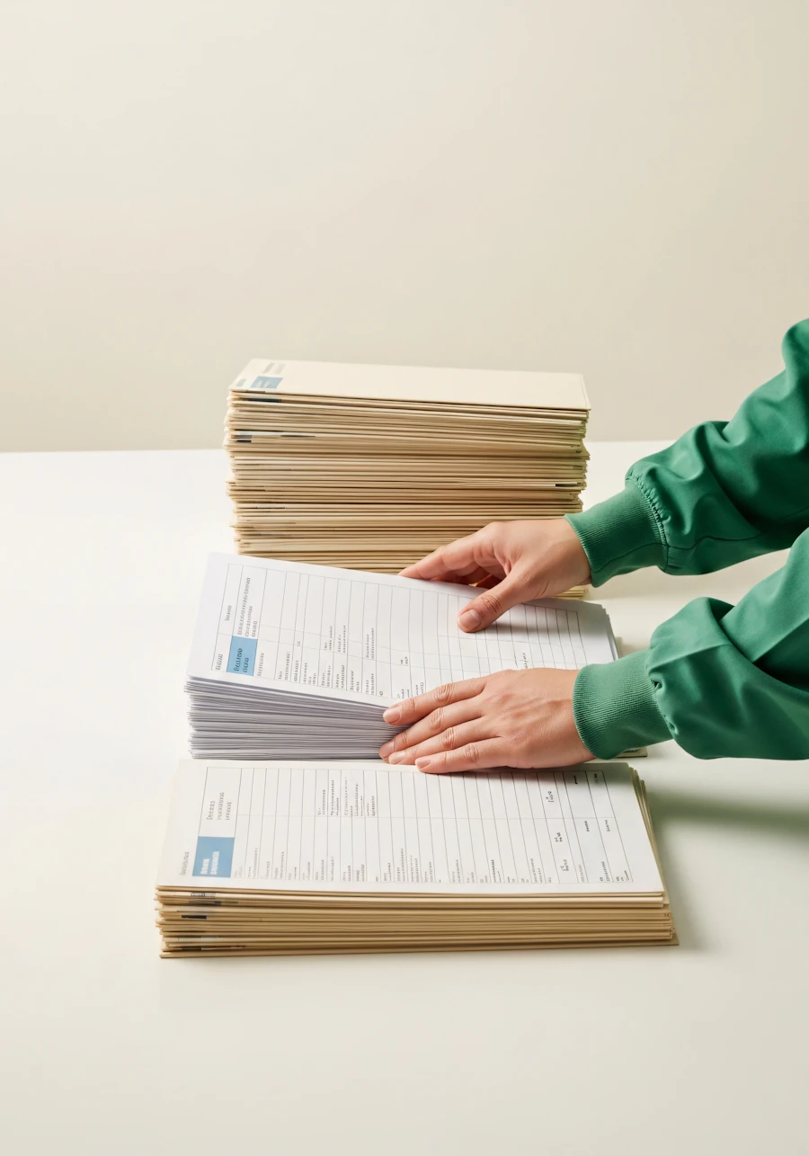 Hands paging through stacks of ledgers and paperwork on a table