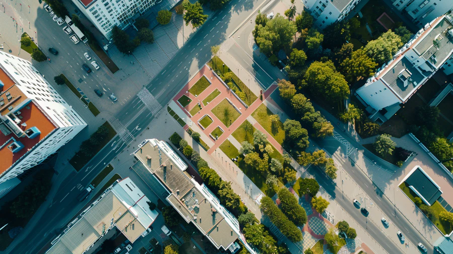Aerial view of an urban road crossroad near a park