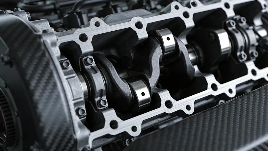 Close-up of a large industrial engine crankshaft assembly on a factory floor