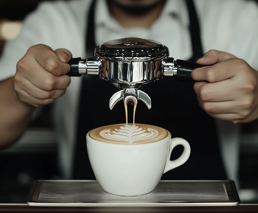 A barista pouring espresso into a cup behind a café counter