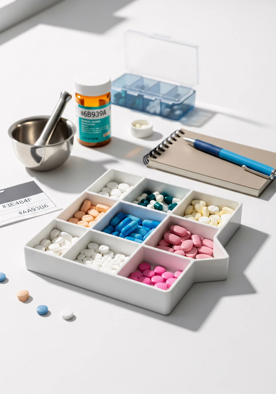 Pharmacy shelves lined with medication and printed forms
