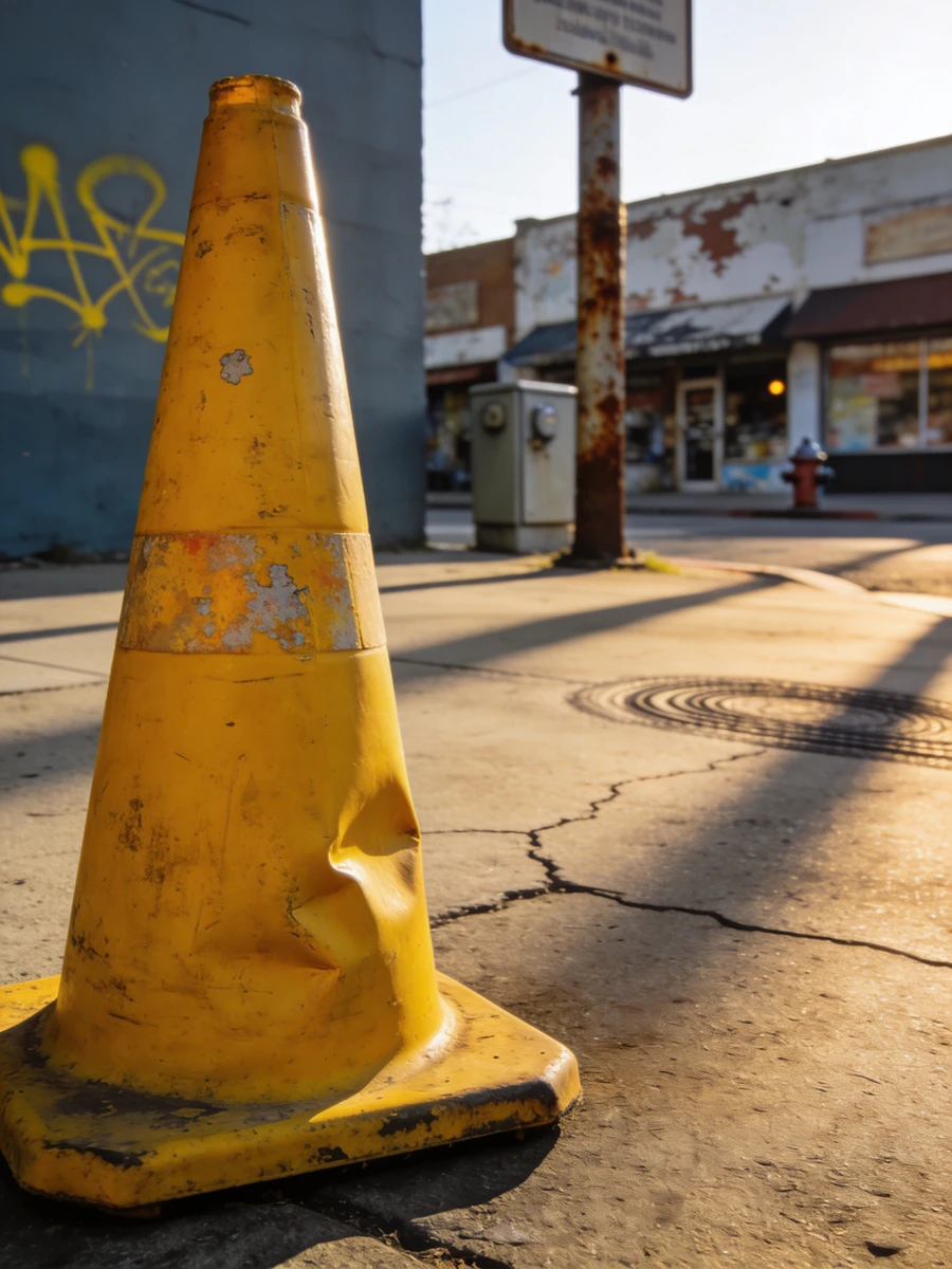 A worn traffic cone on a sidewalk with storefronts visible down the block