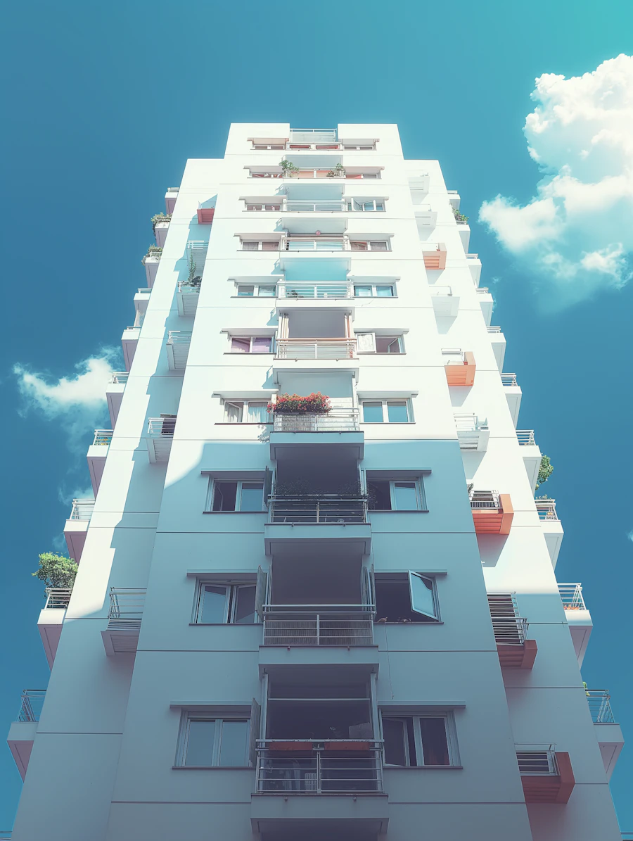 A modern multi-story apartment building under a blue sky