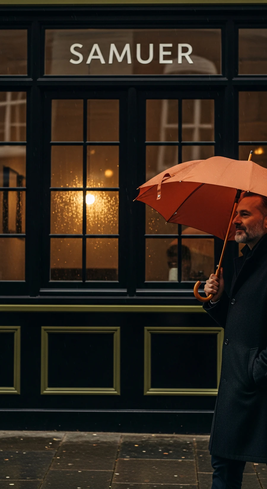 A man holding an orange umbrella in heavy rain
