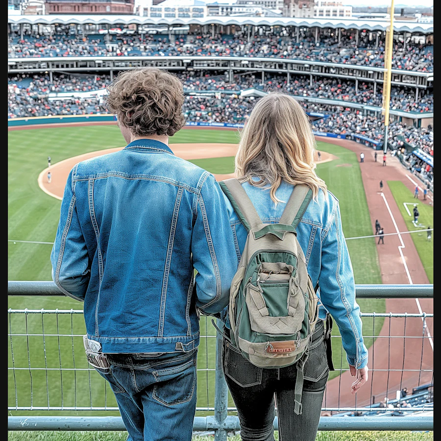 Two spectators in denim jackets looking out over a baseball field from a stadium railing