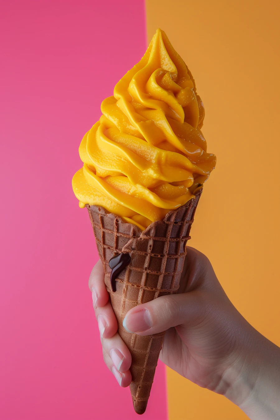A soft serve ice cream cone against a plain background