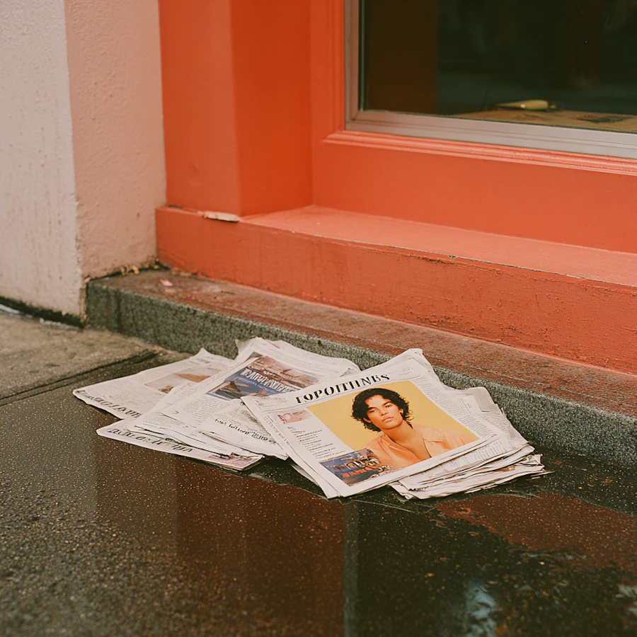 A stack of folded newspapers on a wet outdoor surface