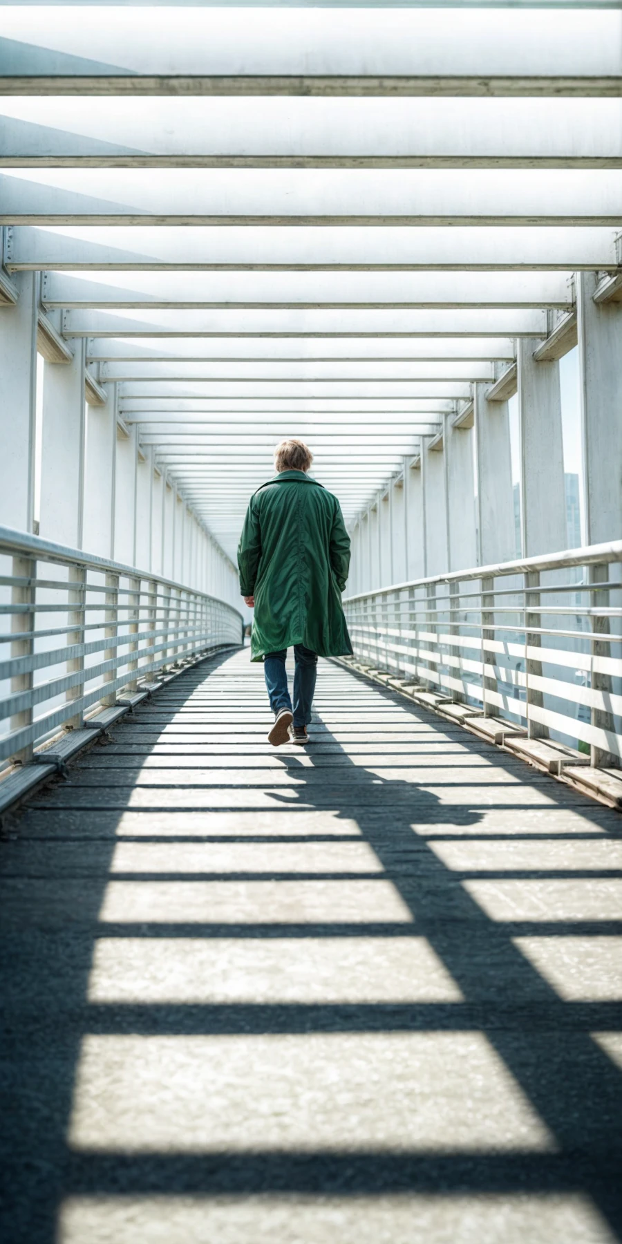 A lone figure stands at the railing of a pedestrian bridge overlooking a river, counting distant lampposts